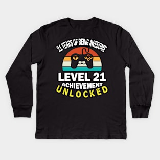 Happy Birthday Gamer 21 Years Of Being Awesome Level 21 Achievement Unlocked Kids Long Sleeve T-Shirt